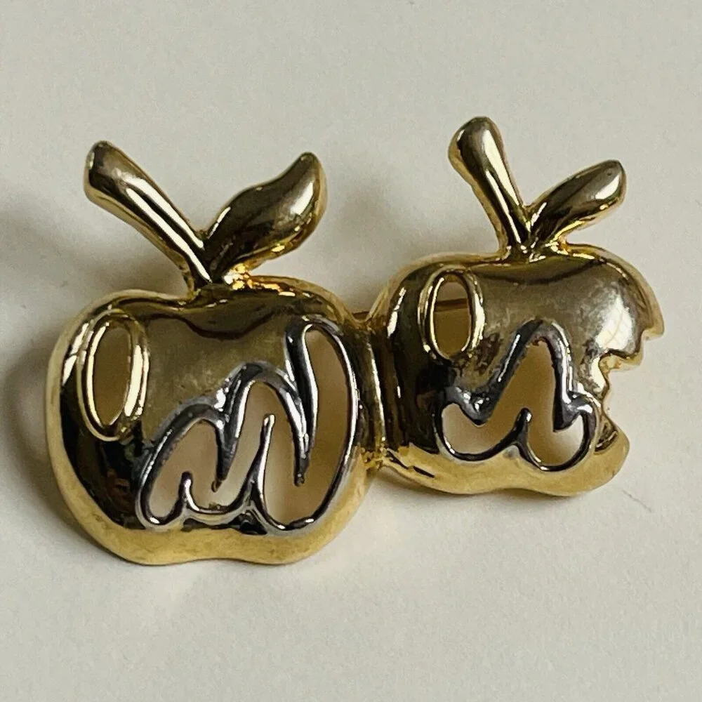 Vintage Two Tone Apple Brooch Pin Gold Silver Tone Festival County Fair